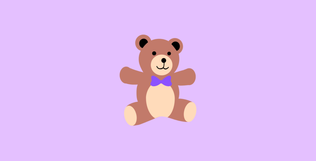 Brown cartoon teddy bear on purple background representing why meditating with a teddy bear calms kids and adults.